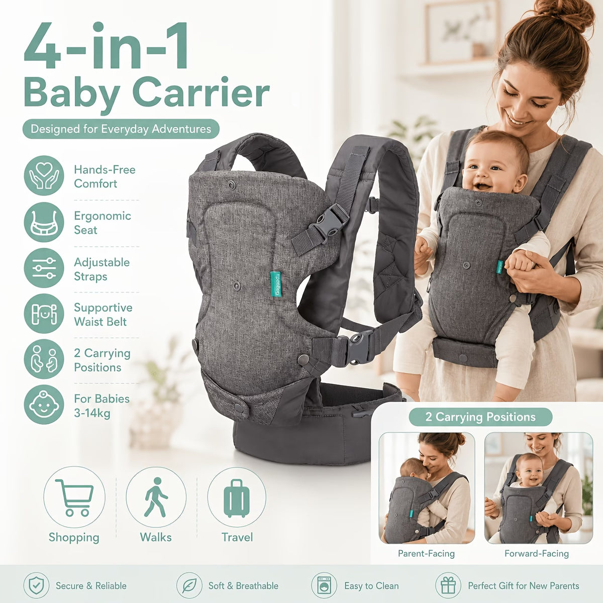 4-in-1 Ergonomic Baby Carrier (3-14kg)