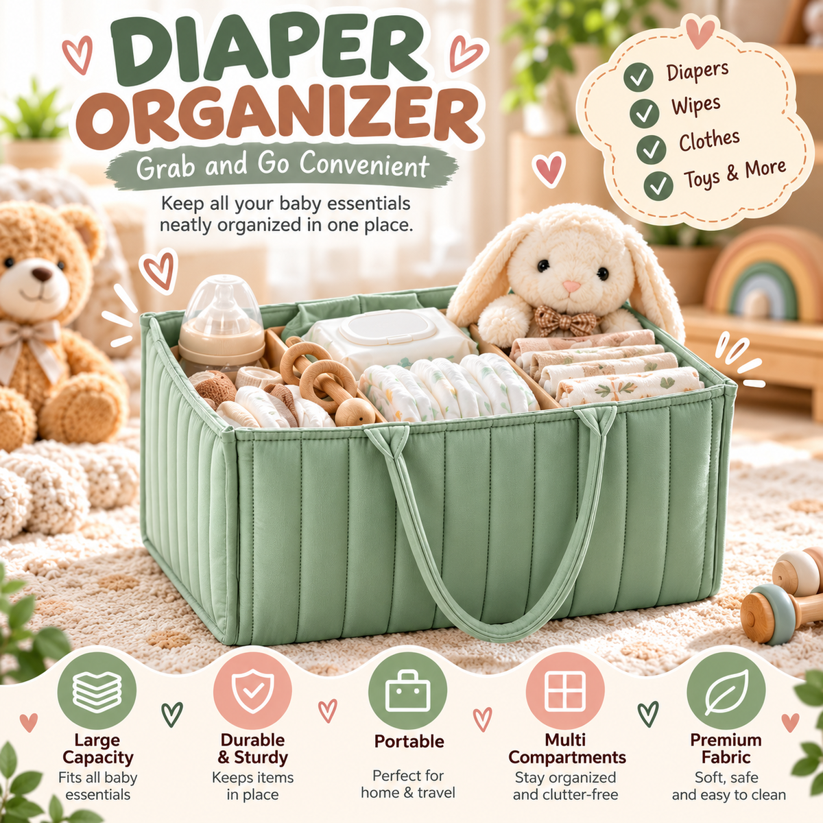 Quilted Diaper Caddy Organizer with Removable Dividers